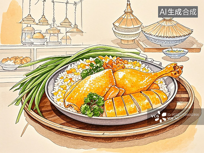 【AI数字艺术】传统美食海南文昌鸡饭（鸡油煮饭，东南亚源头）图片素材