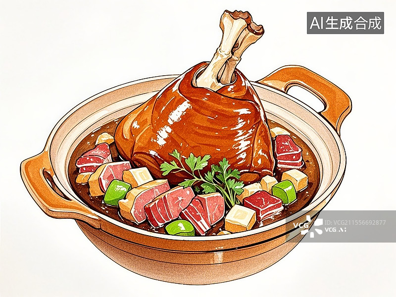 【AI数字艺术】传统美食浙江金华火腿炖蹄髈（“金银蹄”，咸鲜胶质）图片素材