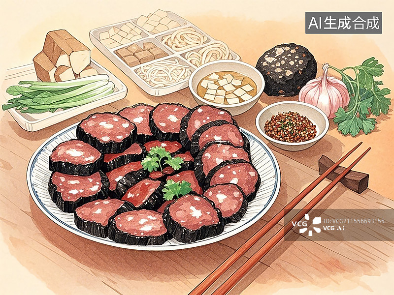 【AI数字艺术】传统美食湖南邵阳猪血丸子（猪血豆腐熏制，腊香浓郁）图片素材
