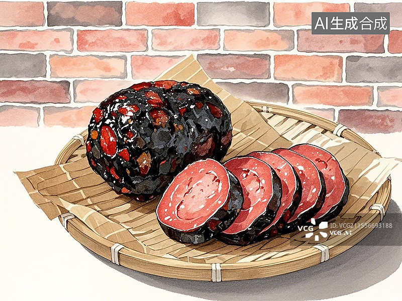 【AI数字艺术】传统美食湖南邵阳猪血丸子（猪血豆腐熏制，腊香浓郁）图片素材