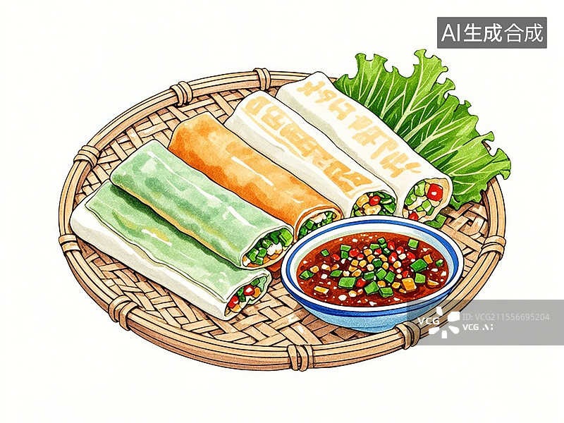 【AI数字艺术】传统美食贵州丝娃娃（素春卷配酸辣蘸水，贵阳街头名吃）图片素材