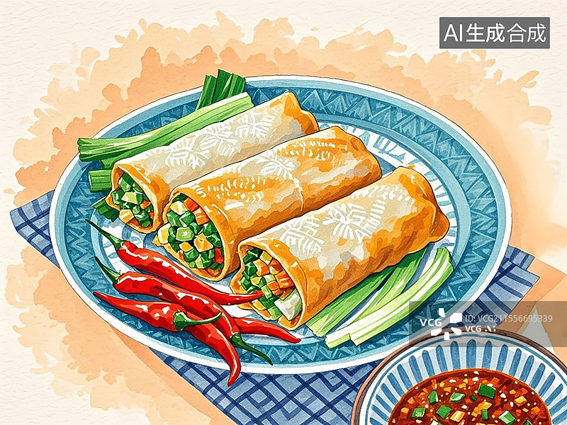 【AI数字艺术】传统美食贵州丝娃娃（素春卷配酸辣蘸水，贵阳街头名吃）图片素材