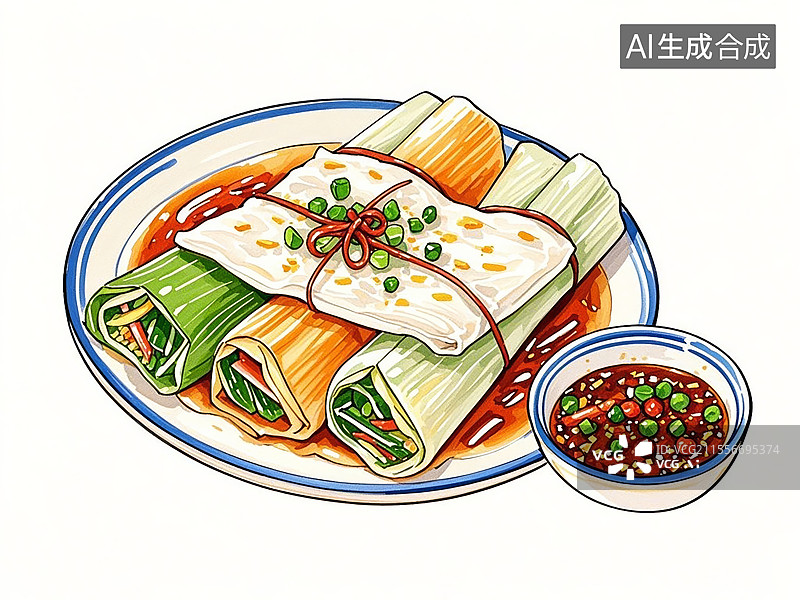 【AI数字艺术】传统美食贵州丝娃娃（素春卷配酸辣蘸水，贵阳街头名吃）图片素材