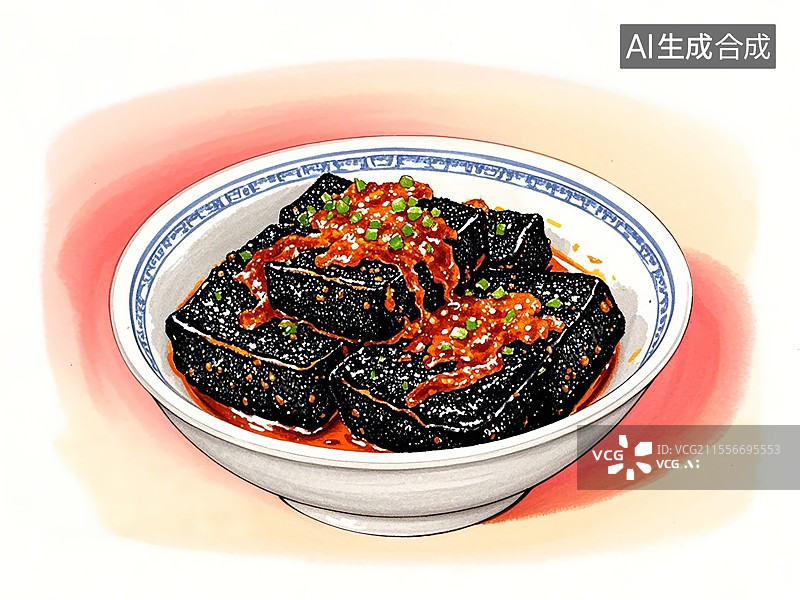 【AI数字艺术】传统美食长沙臭豆腐（焦脆配辣酱，毛氏题字）图片素材