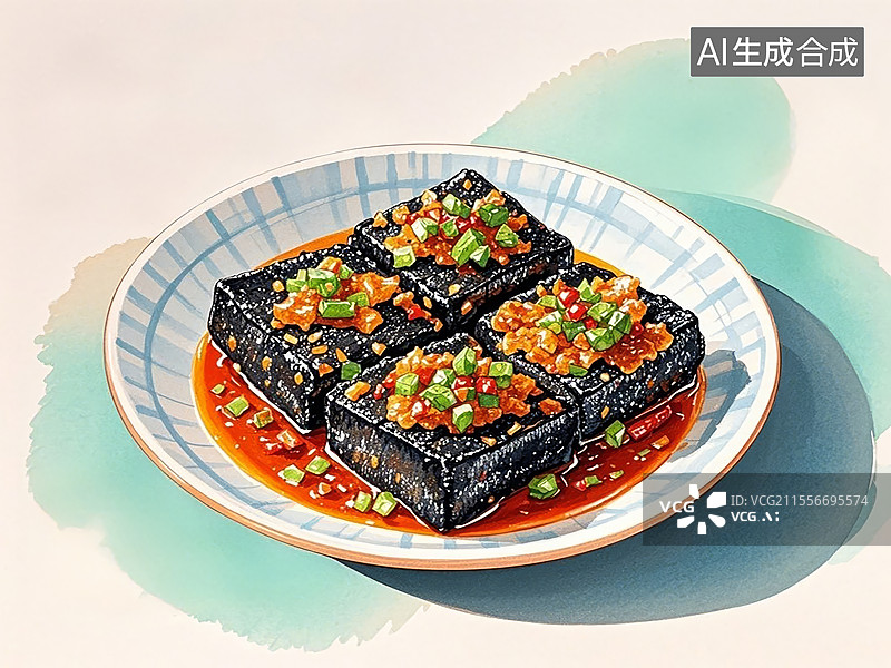 【AI数字艺术】传统美食长沙臭豆腐（焦脆配辣酱，毛氏题字）图片素材