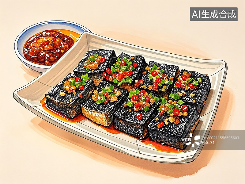 【AI数字艺术】传统美食长沙臭豆腐（焦脆配辣酱，毛氏题字）图片素材