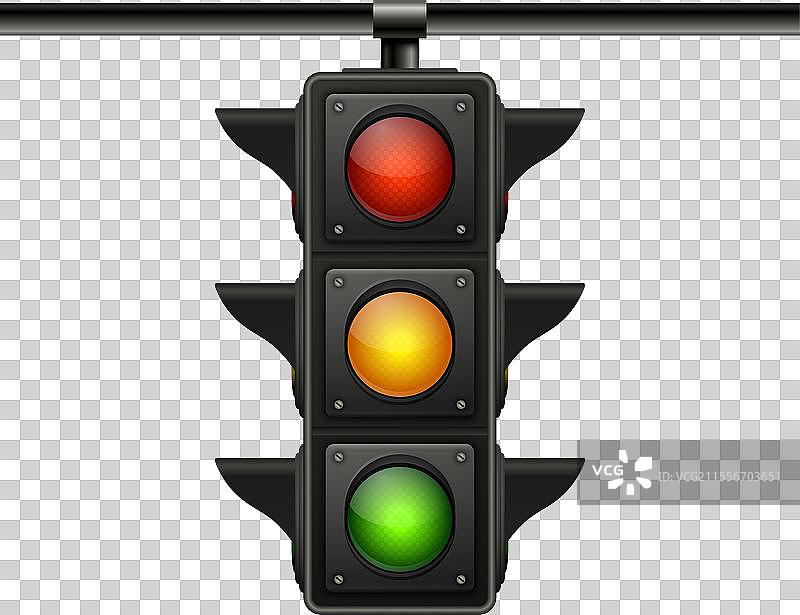 逼真的悬挂交通信号灯，显示绿色图片素材