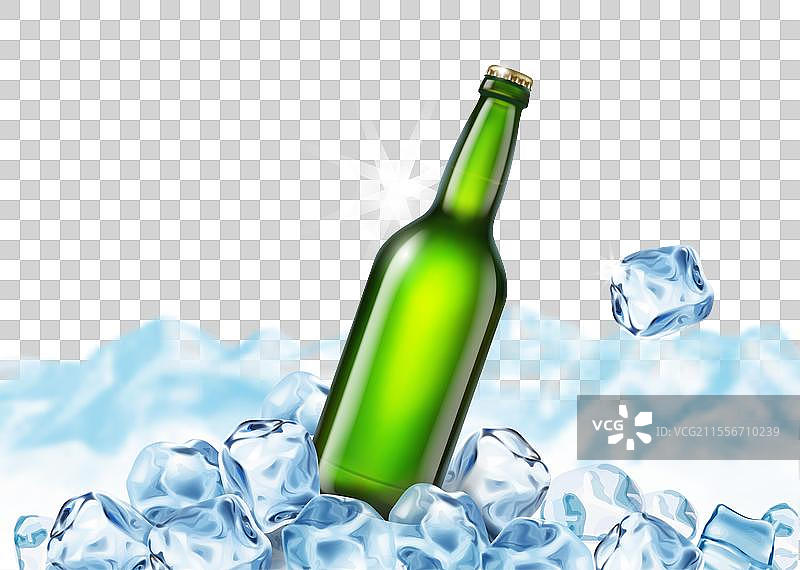 逼真的绿色啤酒瓶放在冰块中图片素材