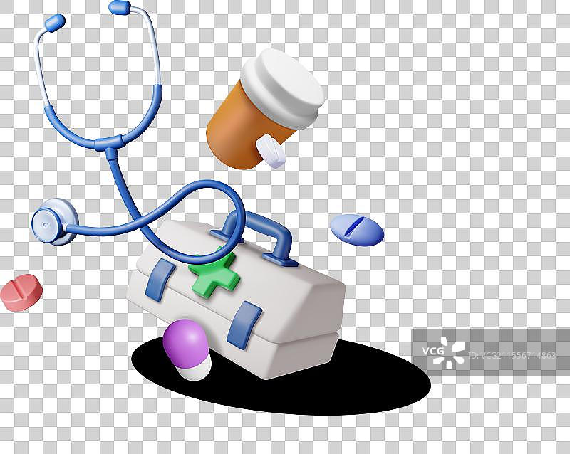 3D急救箱与听诊器和药丸容器图片素材