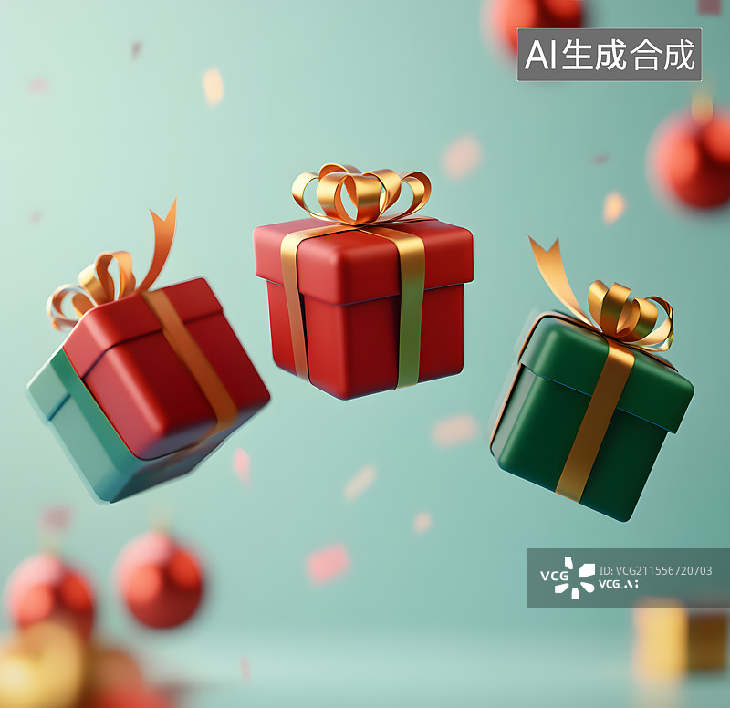 【AI数字艺术】三个漂浮的礼物盒礼盒礼品礼物红色蓝色金色绸带双十一双十二618新年圣诞电商购物促销活动海报素材图片素材