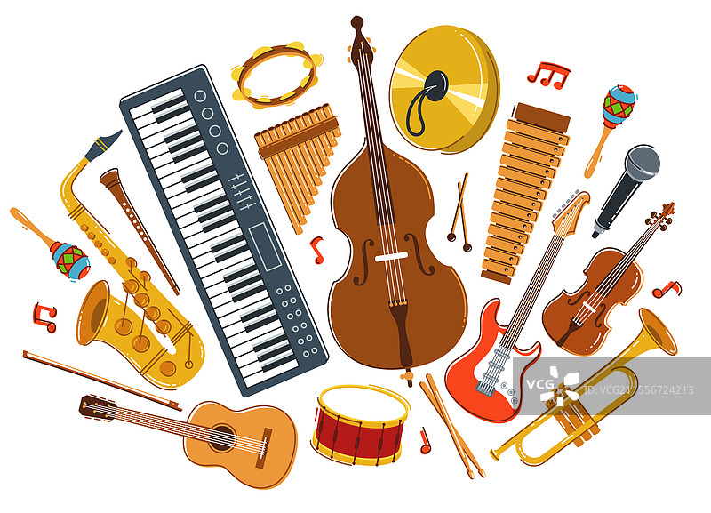 多样乐器的音乐乐团，平面孤立图像图片素材