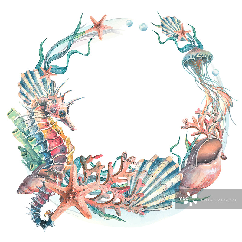 一个圆形花环，框架中有一只海马图片素材