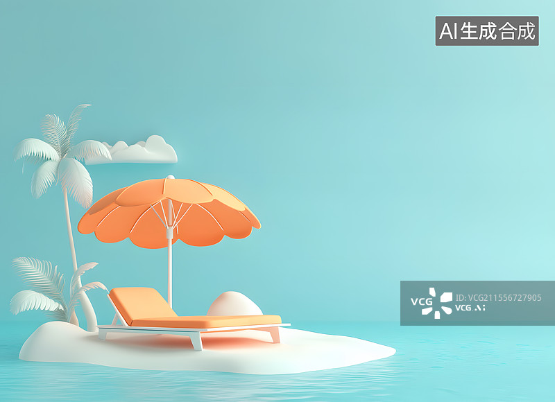 【AI数字艺术】3DC4D浅蓝色背景中躺椅太阳伞沙滩度假海报素材夏季夏天出行大暑小暑图片素材