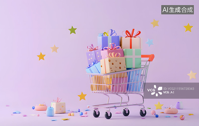 【AI数字艺术】梦幻粉色紫色星星发光购物车上塞满了礼物盒双十一双十二618新年圣诞电商购物促销活动海报素材图片素材