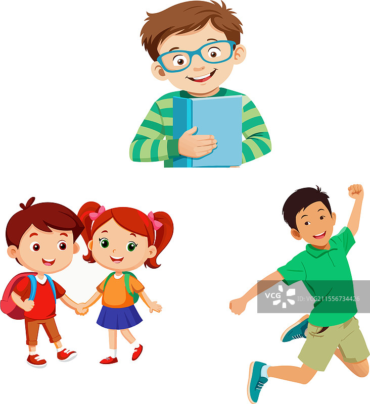 微笑的学生们手牵手跳跃图片素材