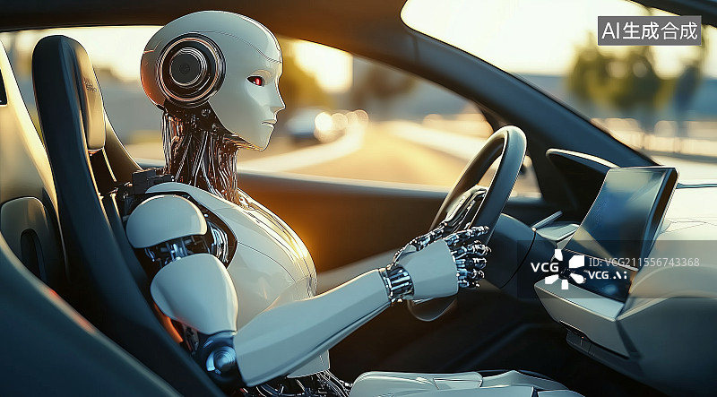 【AI数字艺术】驾驶汽车的人工智能机器人图片素材