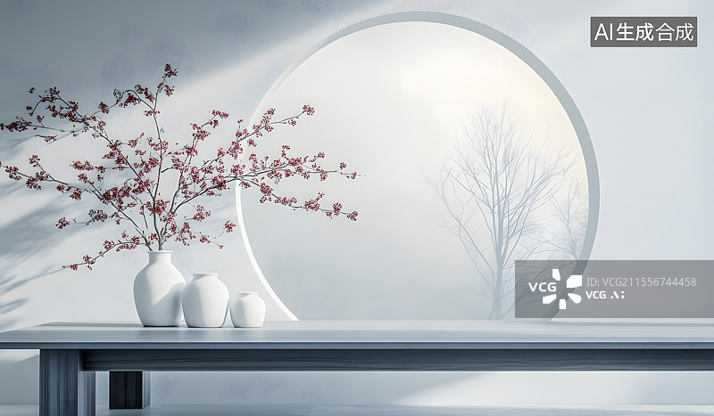 【AI数字艺术】中式圆形窗户室内盆栽瓶子电商产品展台国风国潮中式传统风格图片素材