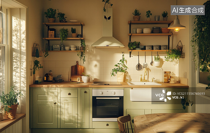 【AI数字艺术】一个现代厨房的场景，背景是大理石纹理的墙面，整体设计简洁而优雅。厨房台面上摆放着各种新鲜蔬菜和食材。图片素材