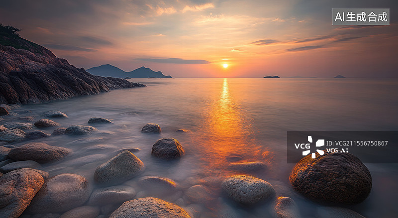 【AI数字艺术】一幅宁静的城市海滨夜景。前景是被海水冲刷的岩石，背景是高楼林立的城市建筑群.图片素材