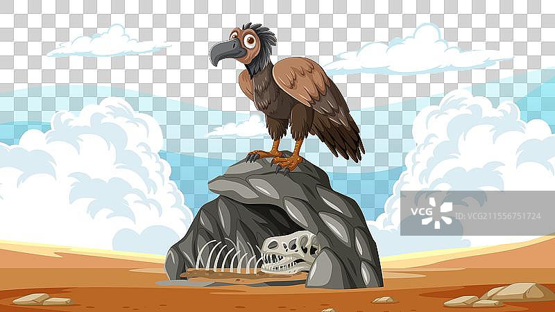 卡通秃鹫站在岩石上，旁边有骨头图片素材