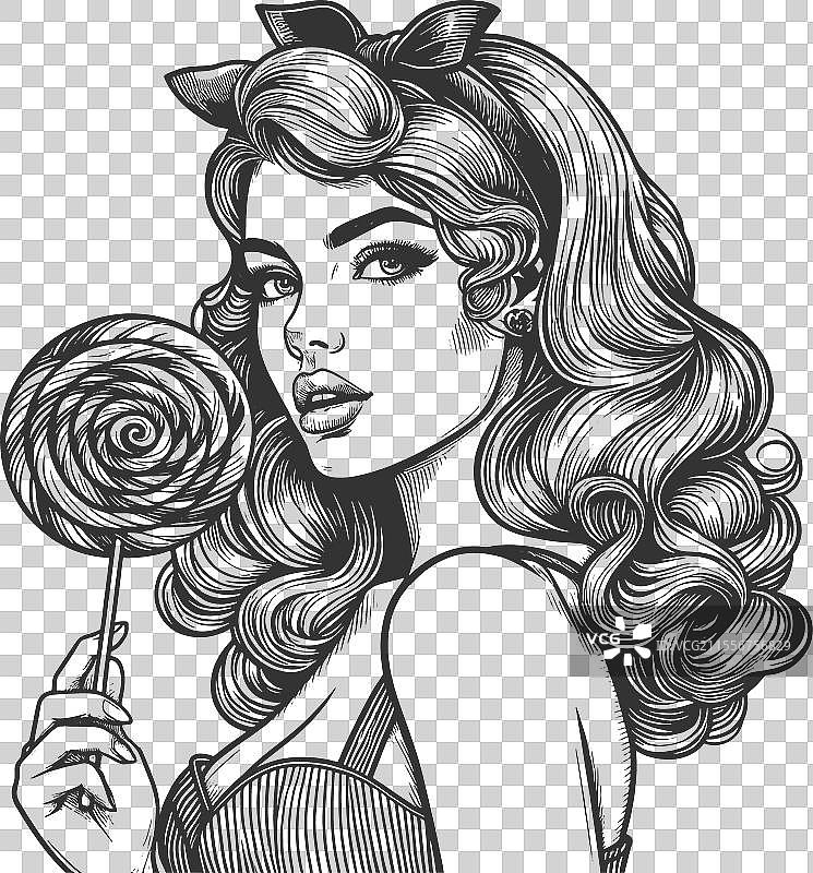 拿着棒棒糖和玫瑰的性感女孩素描图片素材