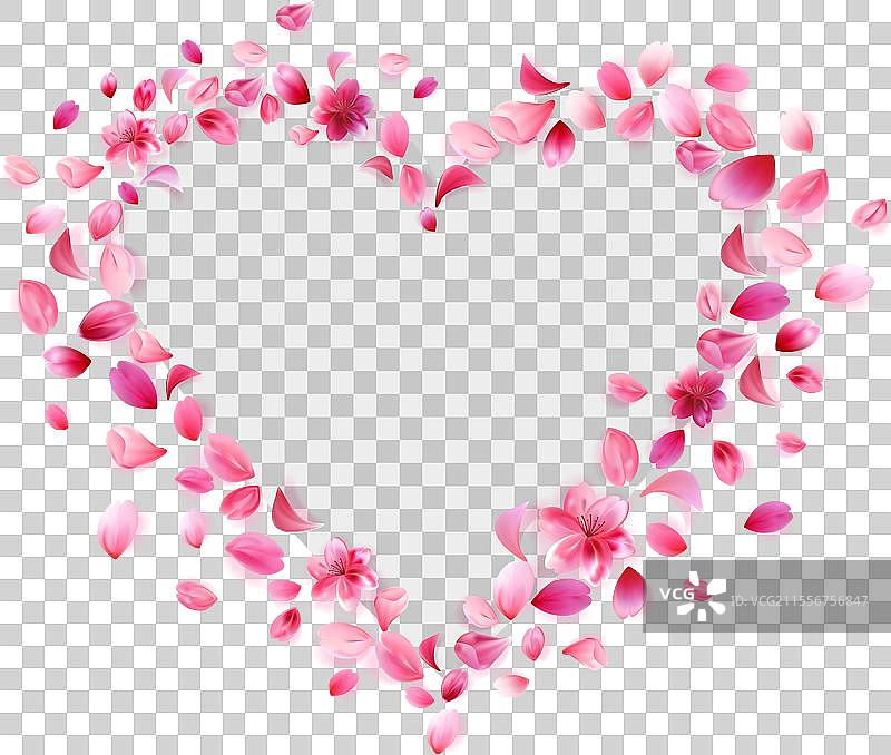 粉色背景上的樱花花瓣心形框架图片素材