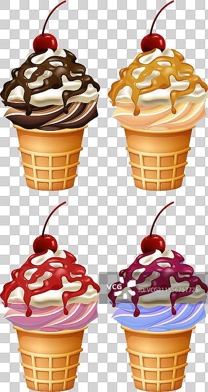 四个色彩缤纷的冰淇淋甜筒，口味各异图片素材