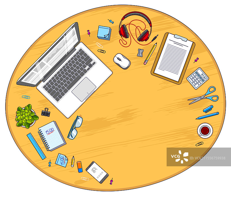 木质办公桌工作区俯视图，配有电脑图片素材