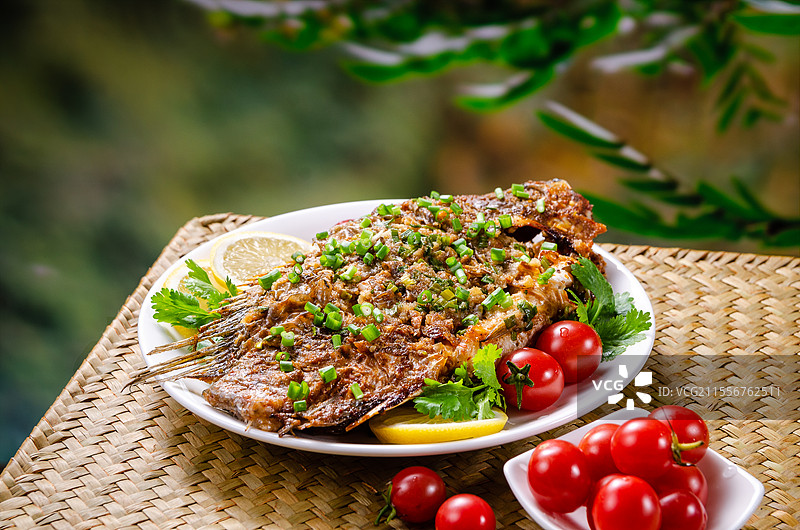 一盘烤鱼放在绿色的春日场景里图片素材