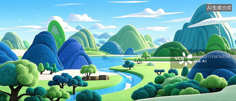 【AI数字艺术】3D卡通毛毡山水田园风光图片素材