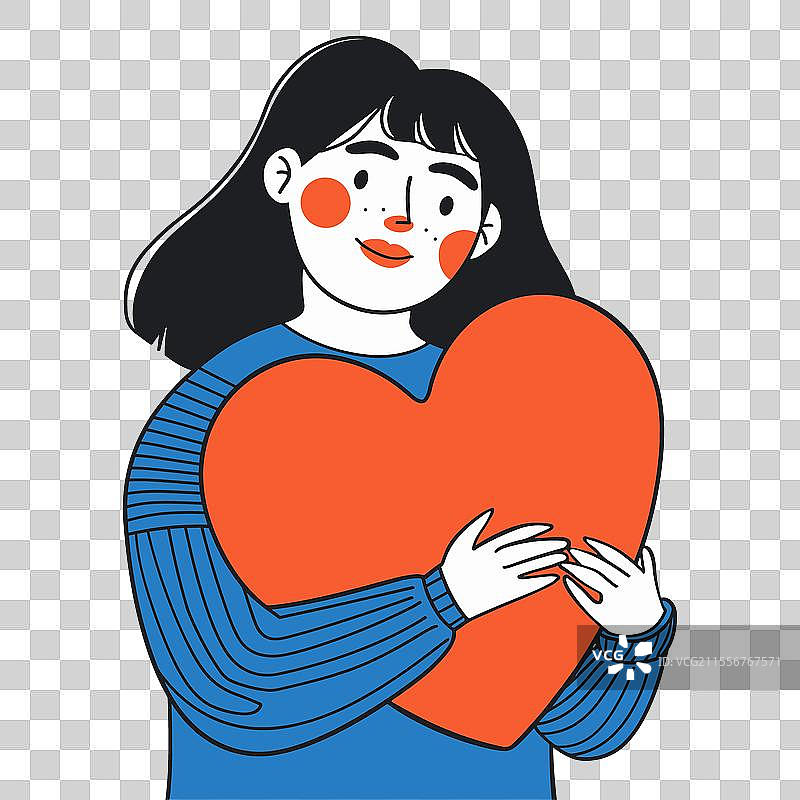 可爱的卡通女性手捧大红心表达爱意图片素材