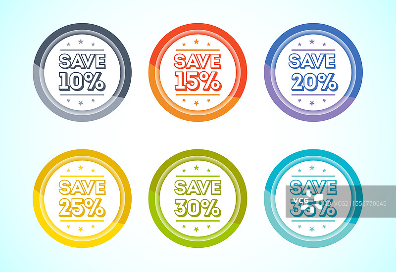 保存5%、10%、15%、20%、25%和30%折扣图标横幅图片素材