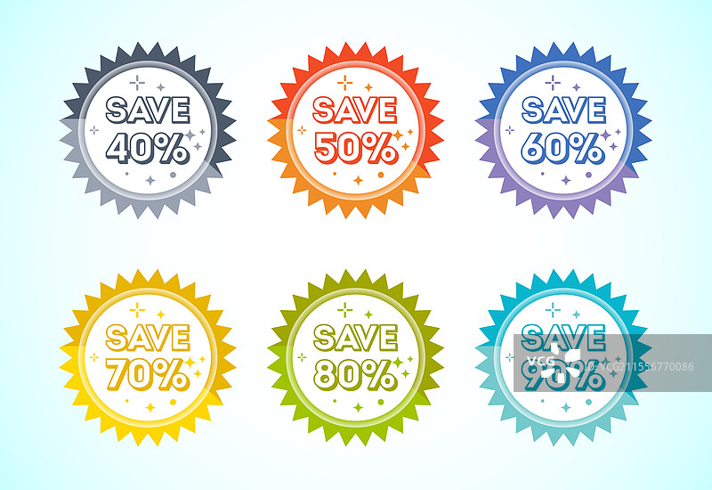 保存40%、50%、60%、70%、80%和90%折扣图标横幅图片素材