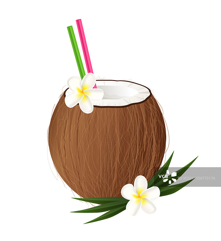 新鲜椰子鸡尾酒，配有吸管和缅甸花图片素材