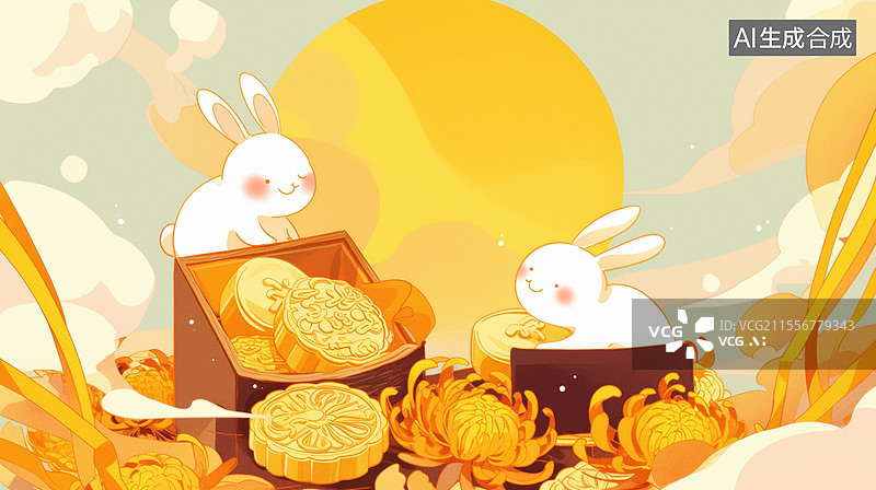 【AI数字艺术】中秋节吃月饼的兔子插画图片素材