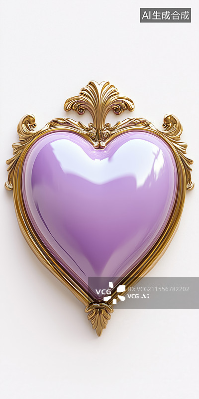 【AI数字艺术】白底黄金镶嵌的粉色心型宝石饰品情人节礼物3D立体插画图片素材