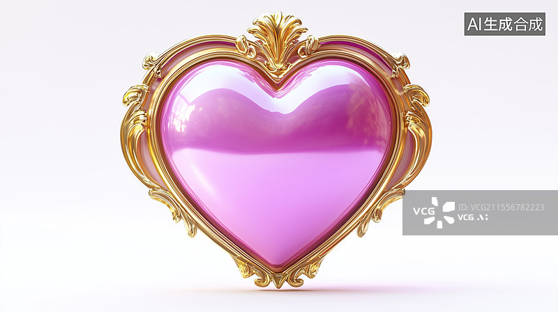 【AI数字艺术】白底黄金镶嵌的粉色心型宝石饰品情人节礼物3D立体插画图片素材