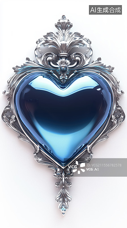 【AI数字艺术】白底铂金镶嵌的蓝色心型宝石饰品情人节礼物3D立体插画图片素材