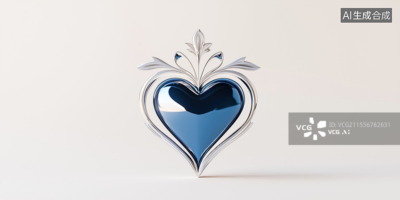 【AI数字艺术】白底铂金镶嵌的蓝色心型宝石饰品情人节礼物3D立体插画图片素材