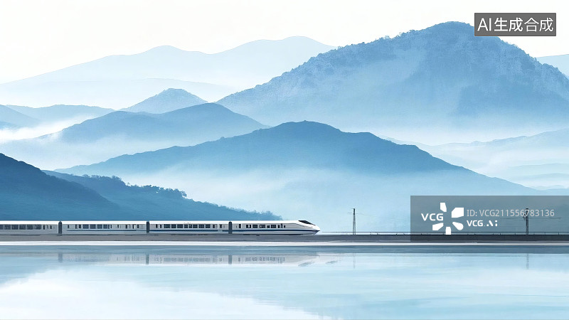 【AI数字艺术】山水间飞驰的现代高速列车图片素材