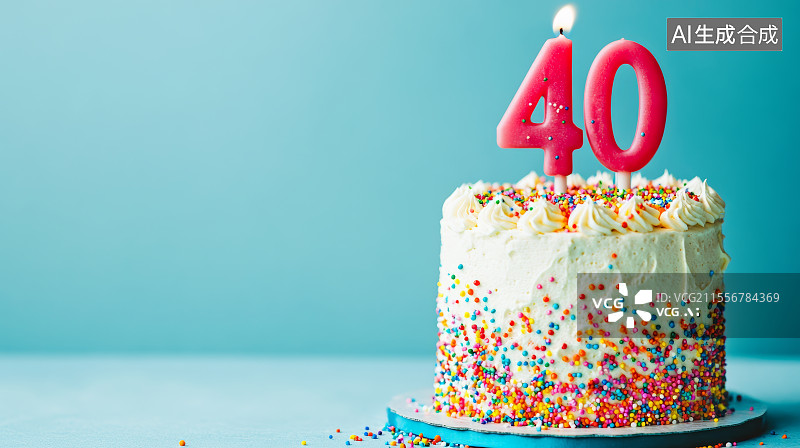 【AI数字艺术】蓝色背景下的40岁生日奶油蛋糕图片素材