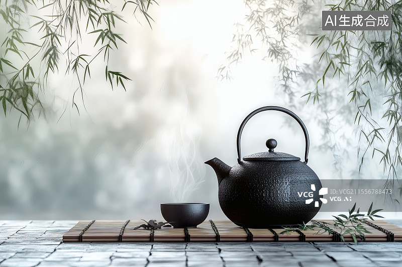 【AI数字艺术】地面上，茶壶，茶杯，茶叶图片素材