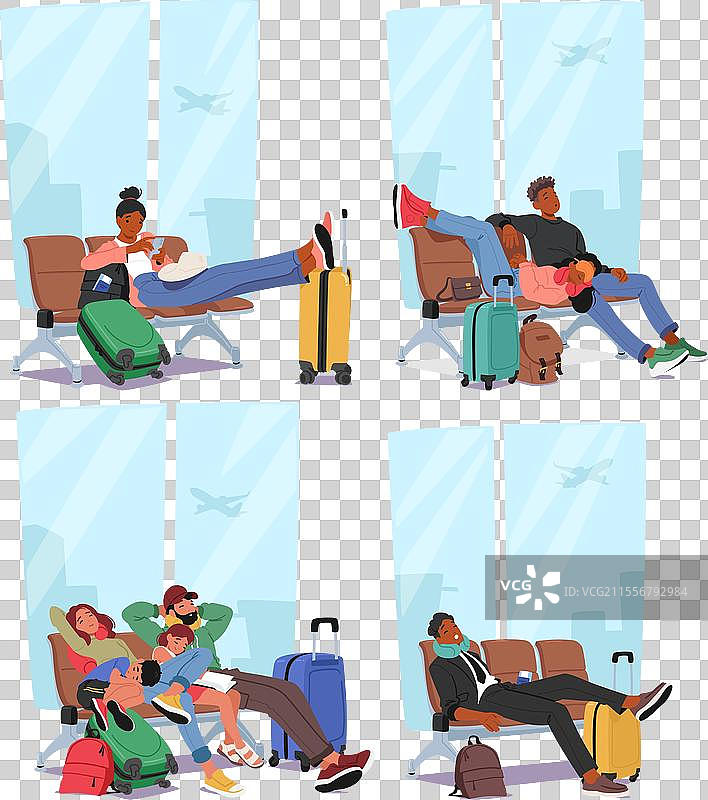 一群带着行李箱的旅行者正在等待图片素材