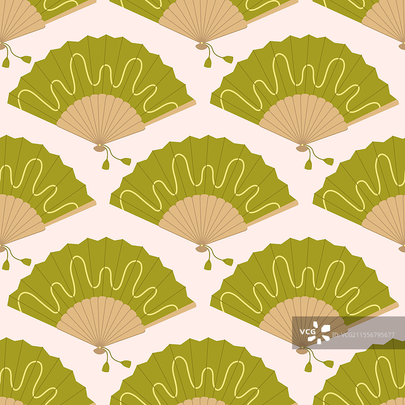 带有绿色手扇的无缝图案图片素材