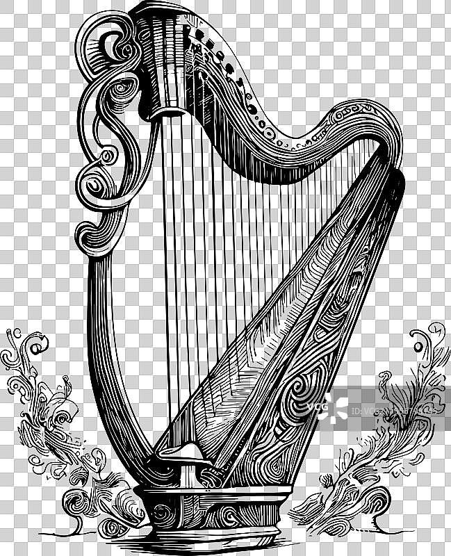 复古竖琴素描手绘图片素材