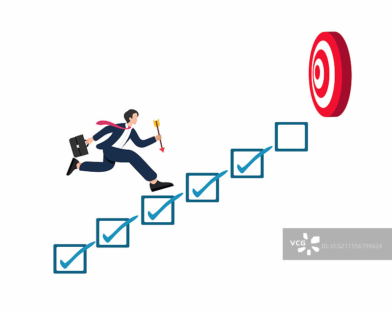 商人跳跃在目标上，检查成就情况图片素材