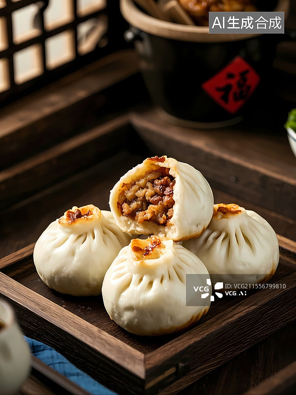 【AI数字艺术】上海生煎包美食特写图片素材