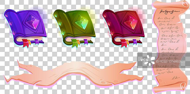 游戏中的古老魔法书和羊皮卷轴图标图片素材