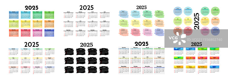 2025年日历集，孤立在白色背景上图片素材