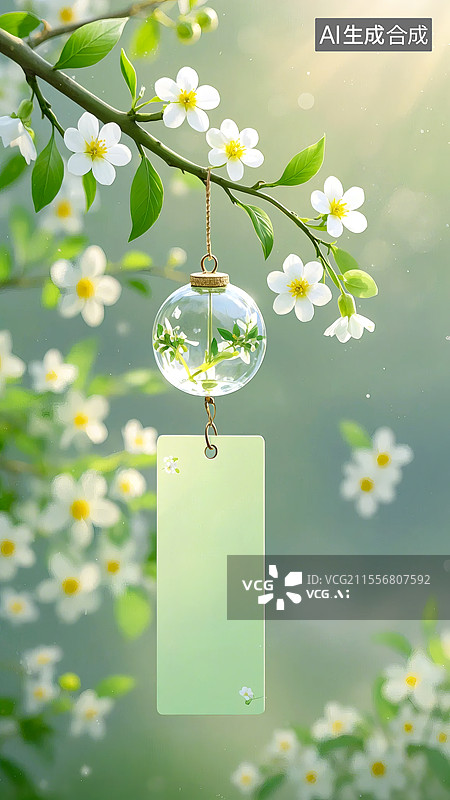 【AI数字艺术】春季挂在花开树上的风铃书签图片素材
